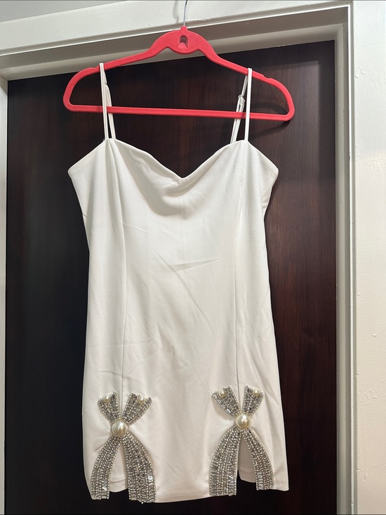 Amazing Lace Dresses & Skirts - Amazing Lace | Elegant White Cowl Neck Mini Dress with Pearl & Crystal Accents